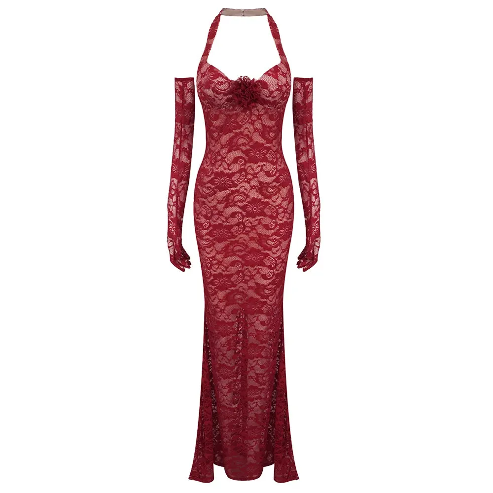 Trend4us Women's Elegant Lace Halter Mermaid Gown