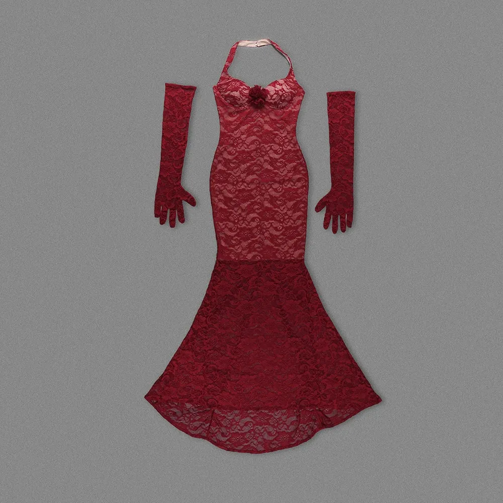 Trend4us Women's Elegant Lace Halter Mermaid Gown