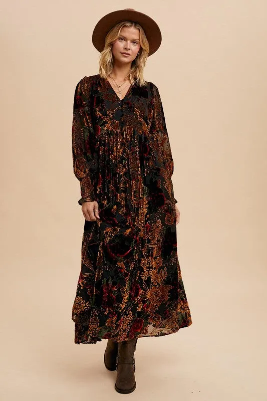 VERONICA VELVET BURNOUT BUTTON DOWN MAXI DRESS