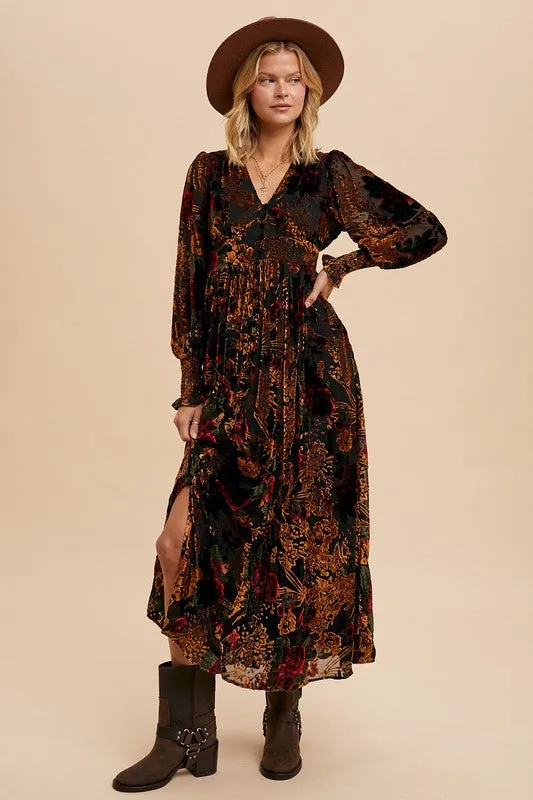 VERONICA VELVET BURNOUT BUTTON DOWN MAXI DRESS