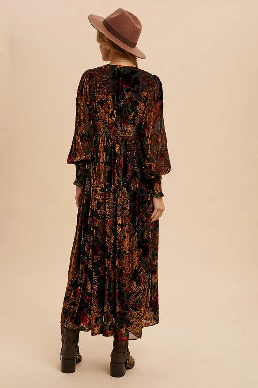 VERONICA VELVET BURNOUT BUTTON DOWN MAXI DRESS