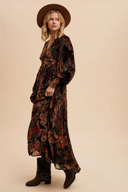 VERONICA VELVET BURNOUT BUTTON DOWN MAXI DRESS
