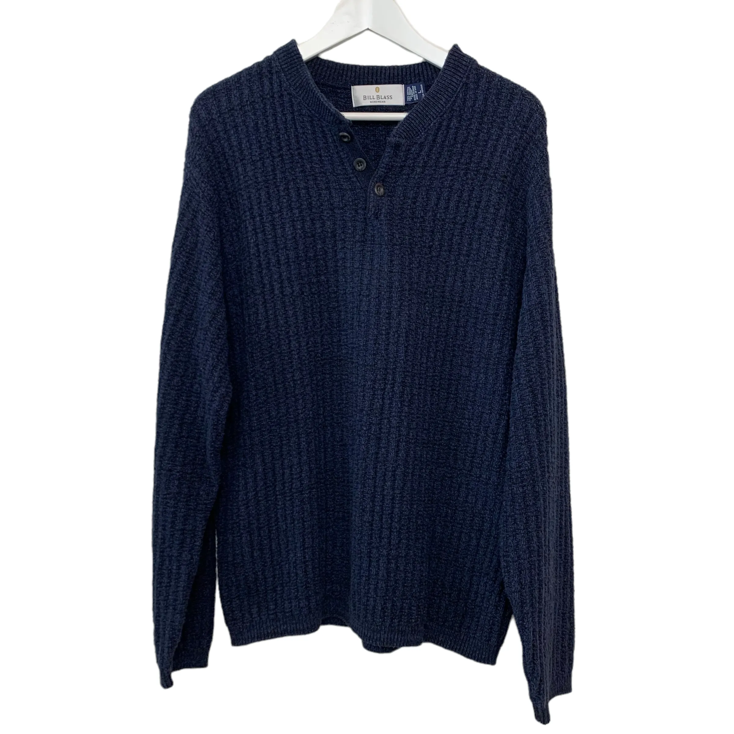Vintage 90s Bill Blass Chunky Knit Henley Sweater Navy Blue Large