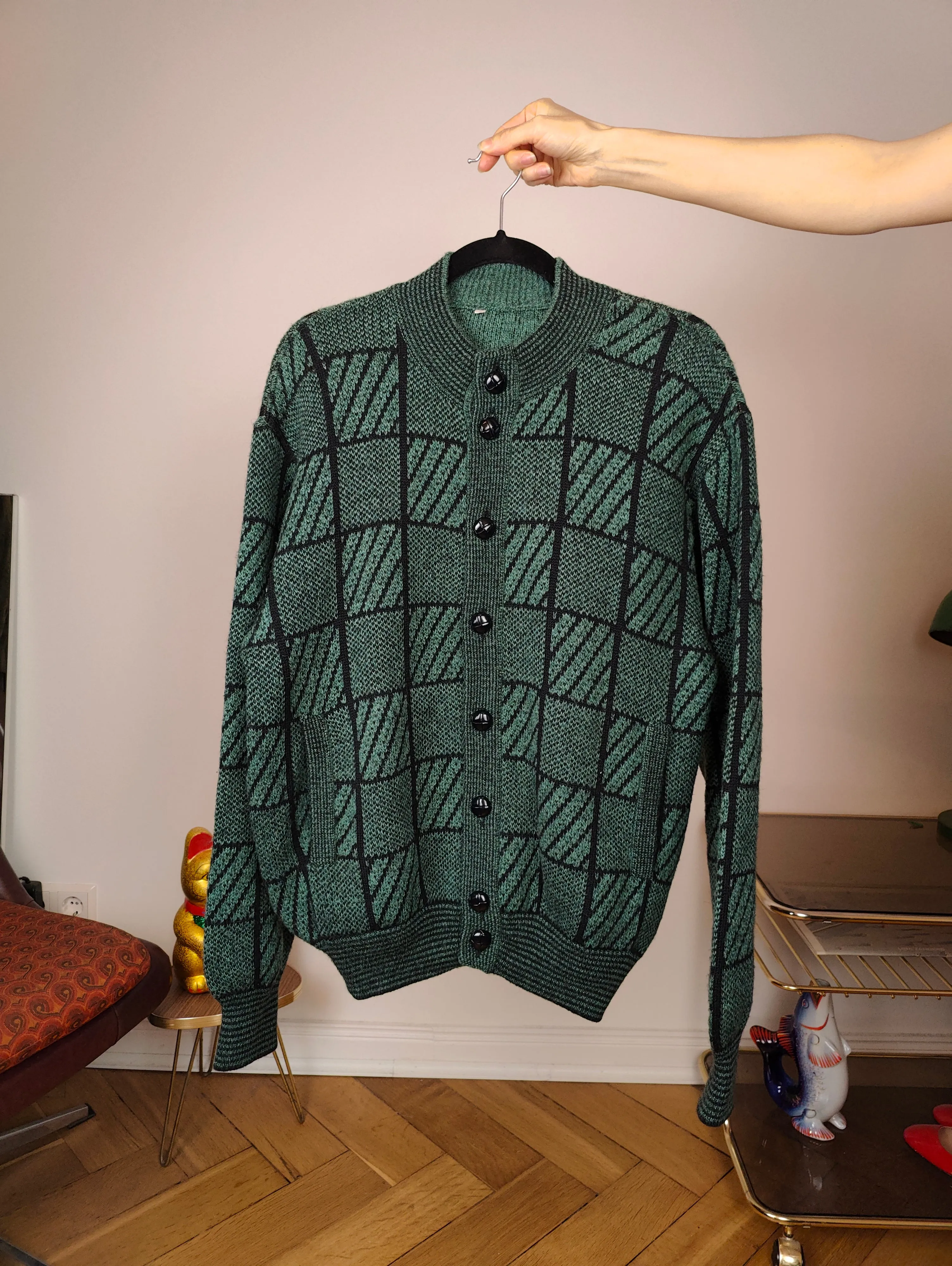 Vintage alpaca wool cardigan M | green check pattern knit knitted sweater jacket women