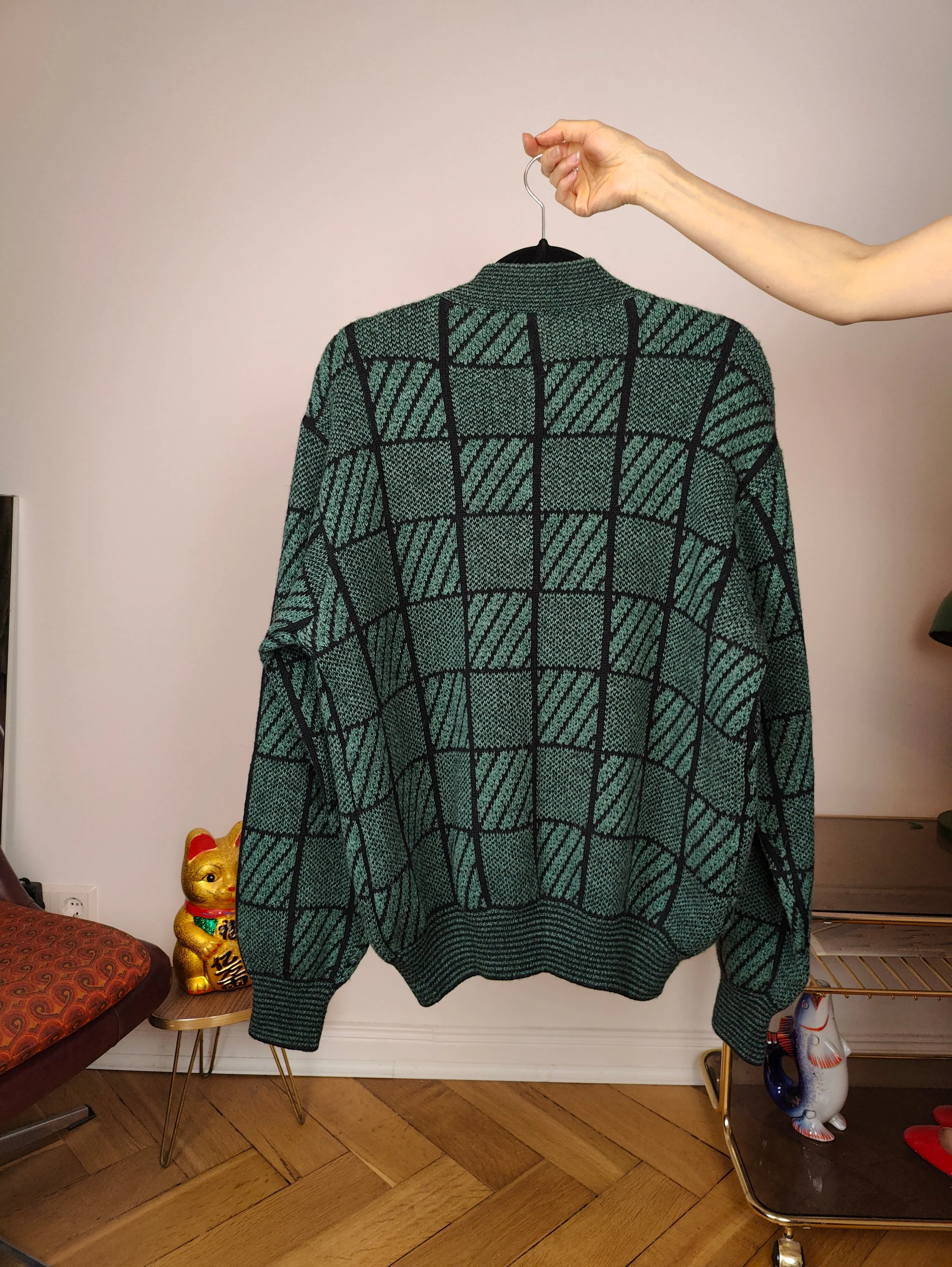 Vintage alpaca wool cardigan M | green check pattern knit knitted sweater jacket women