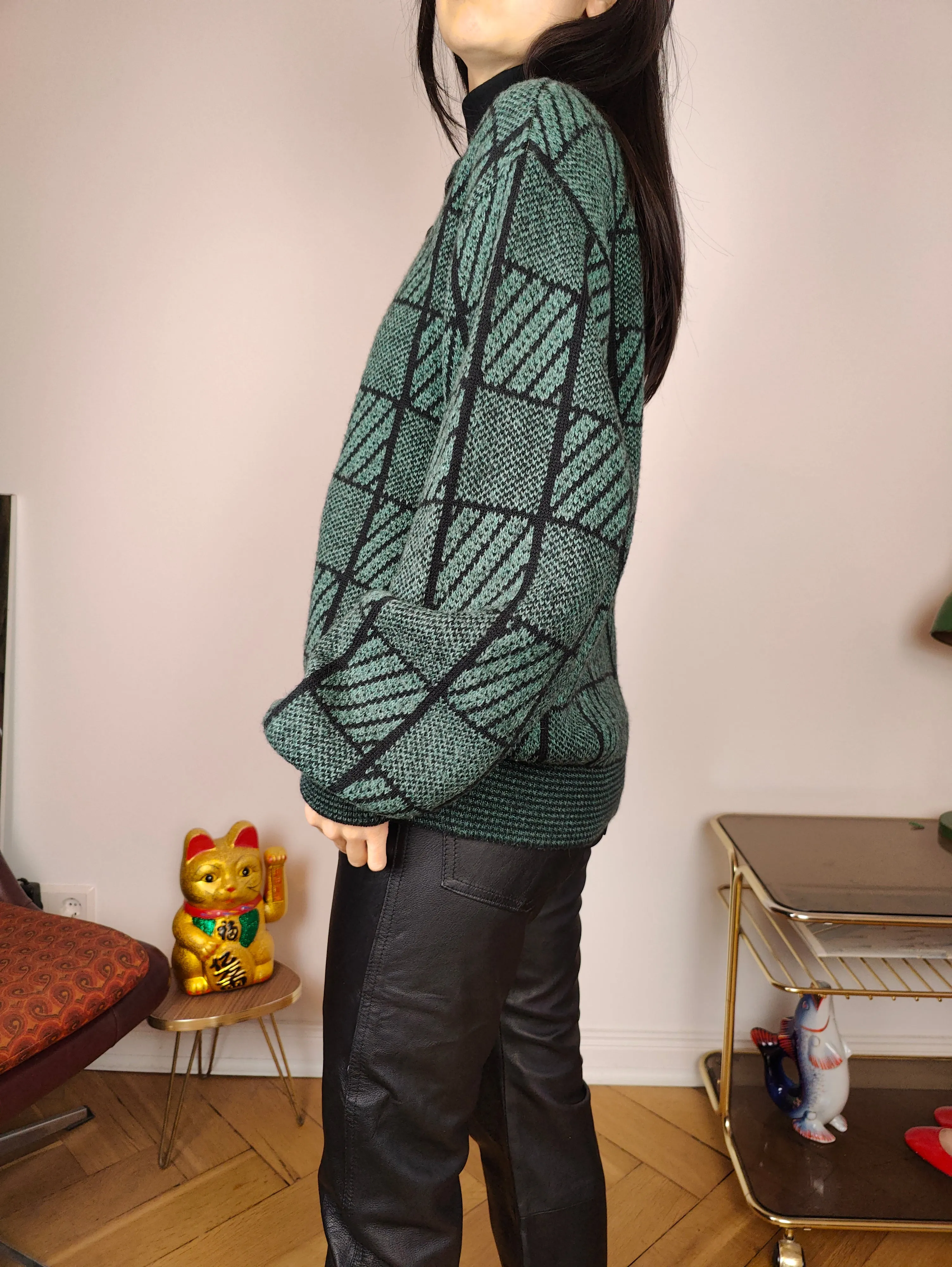 Vintage alpaca wool cardigan M | green check pattern knit knitted sweater jacket women
