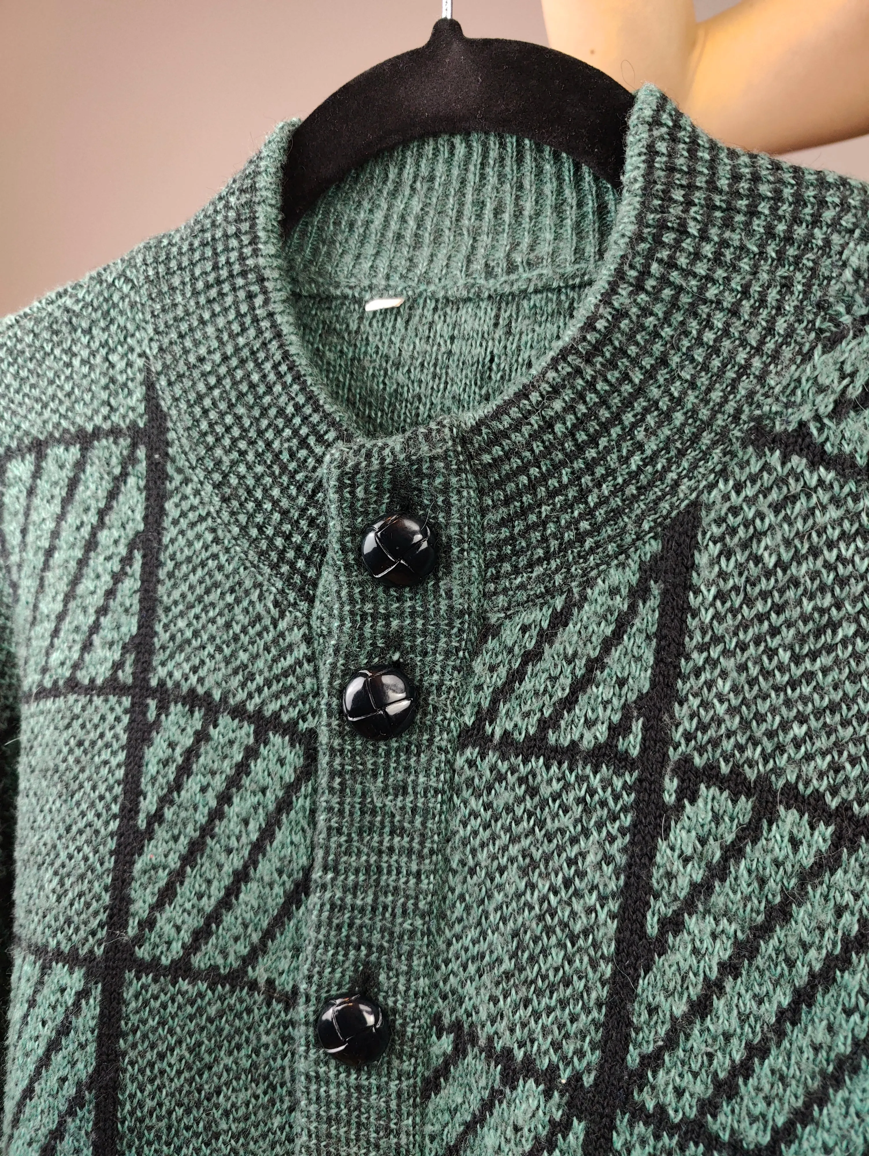 Vintage alpaca wool cardigan M | green check pattern knit knitted sweater jacket women