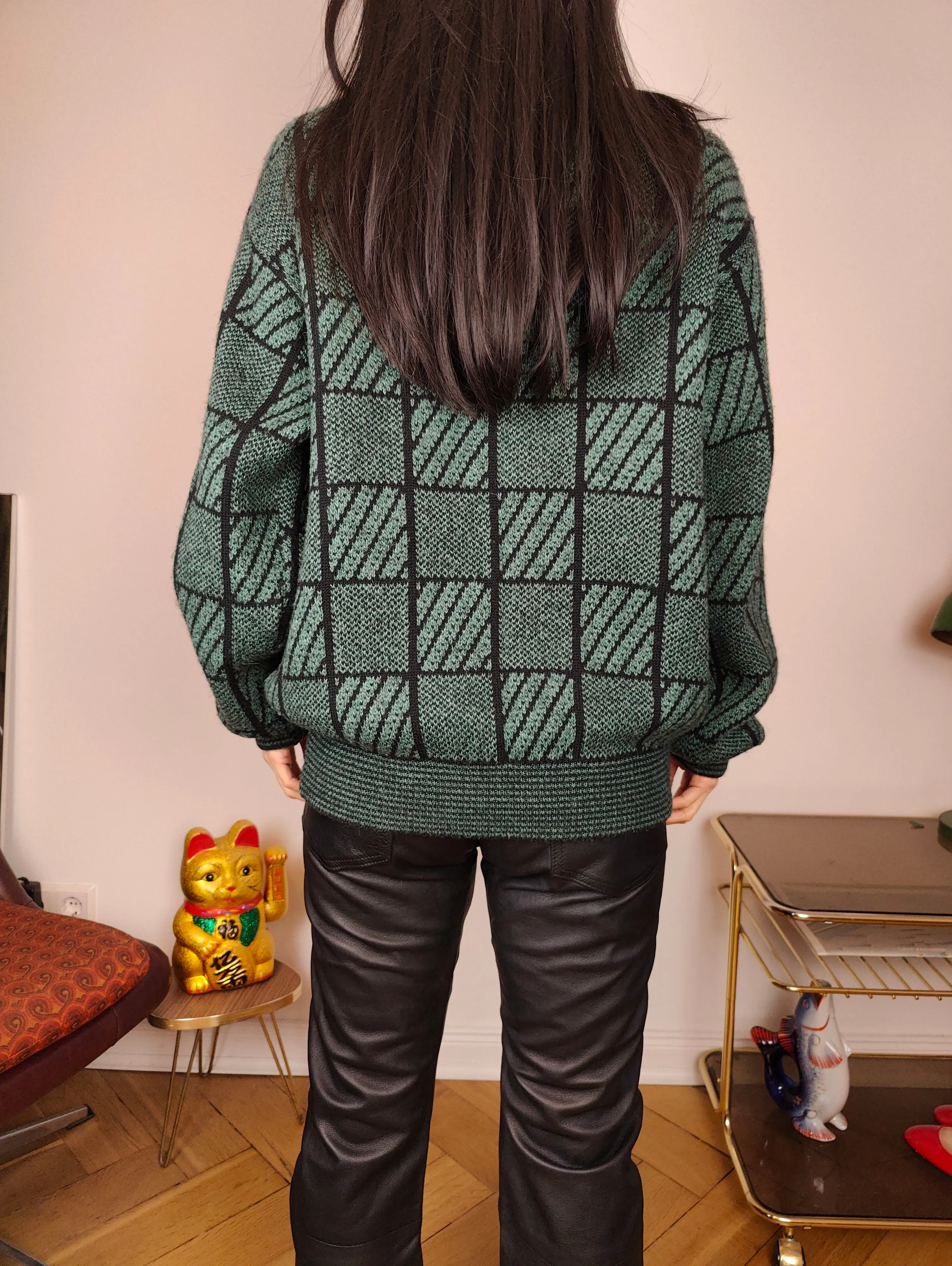 Vintage alpaca wool cardigan M | green check pattern knit knitted sweater jacket women