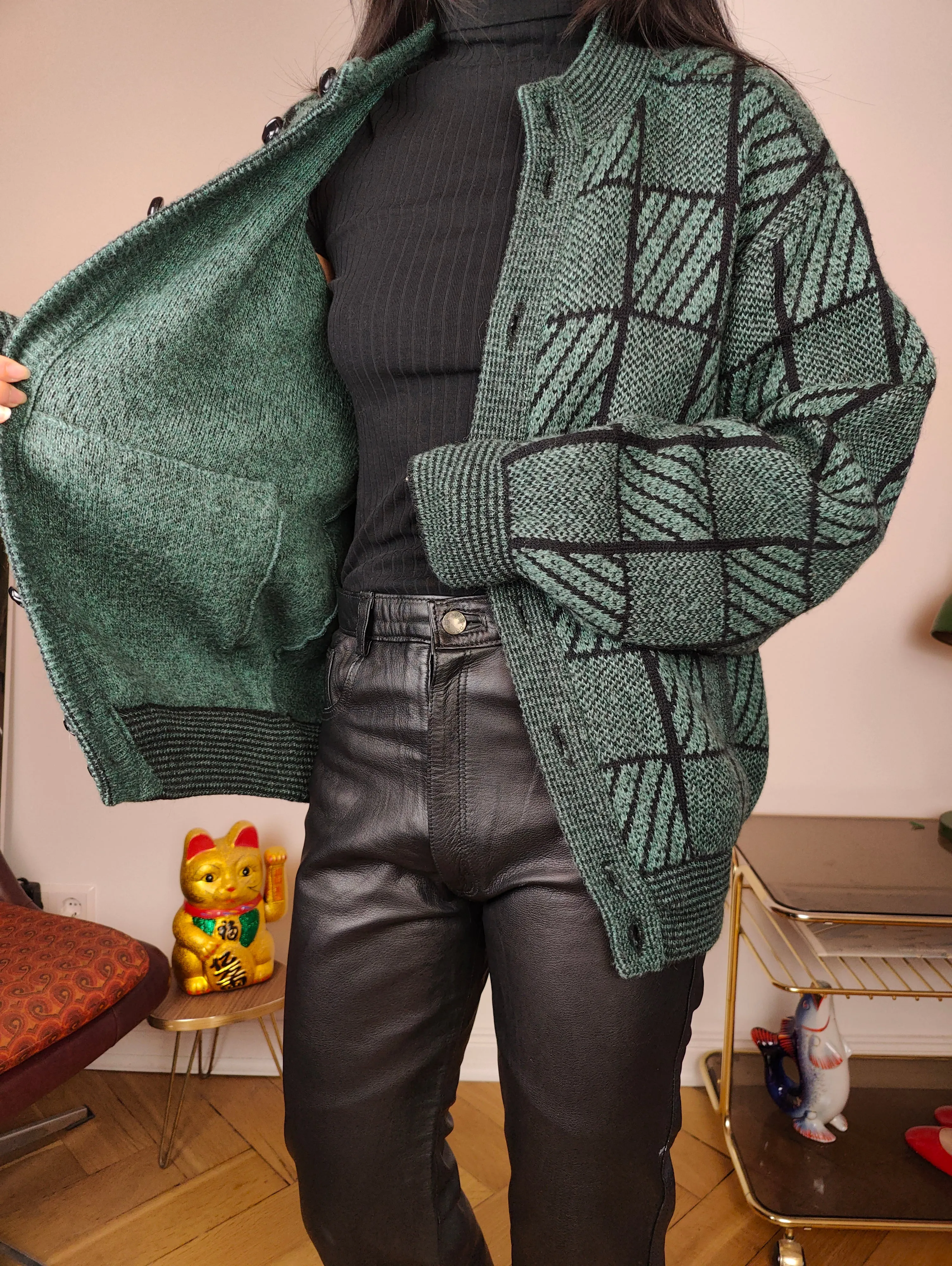 Vintage alpaca wool cardigan M | green check pattern knit knitted sweater jacket women