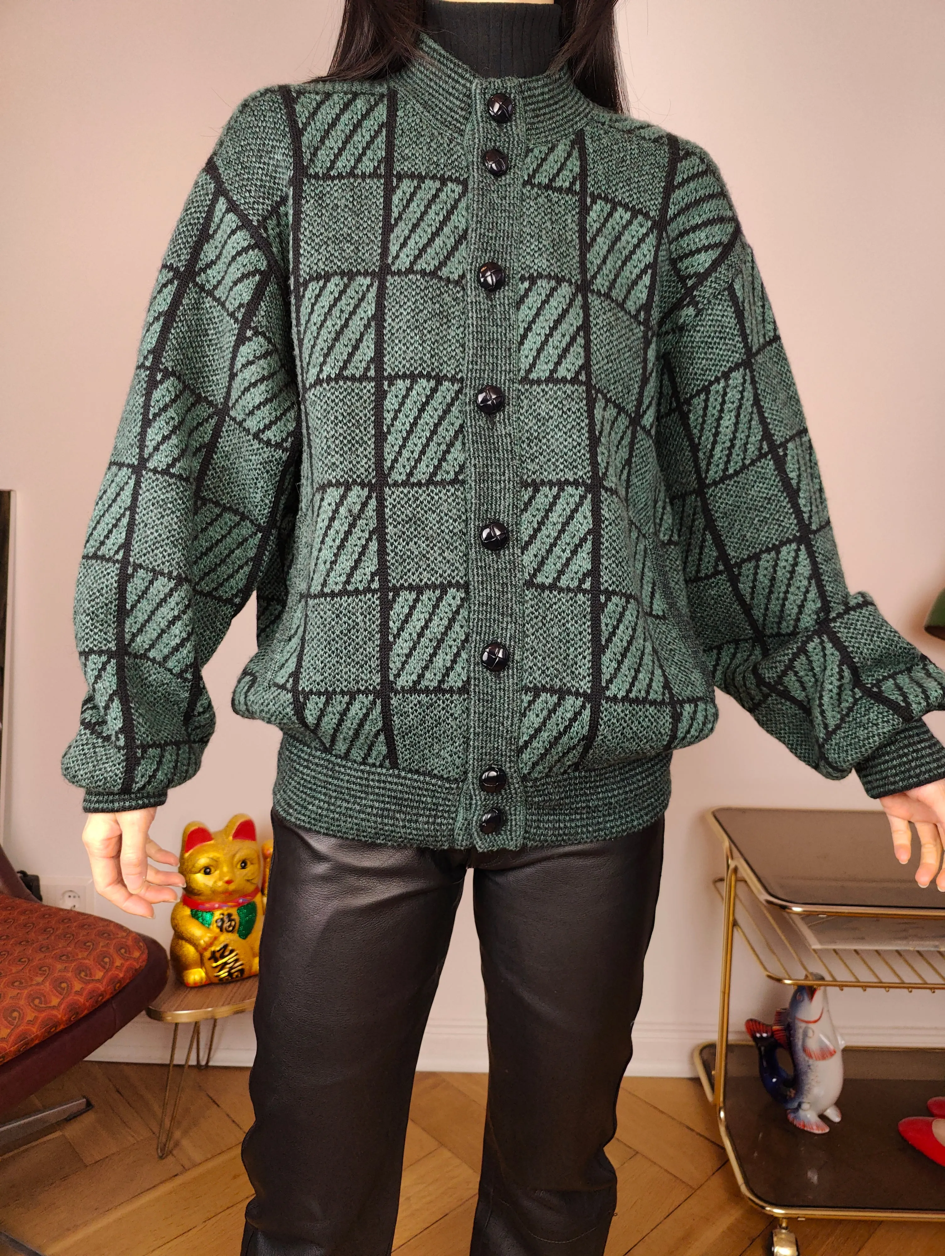 Vintage alpaca wool cardigan M | green check pattern knit knitted sweater jacket women