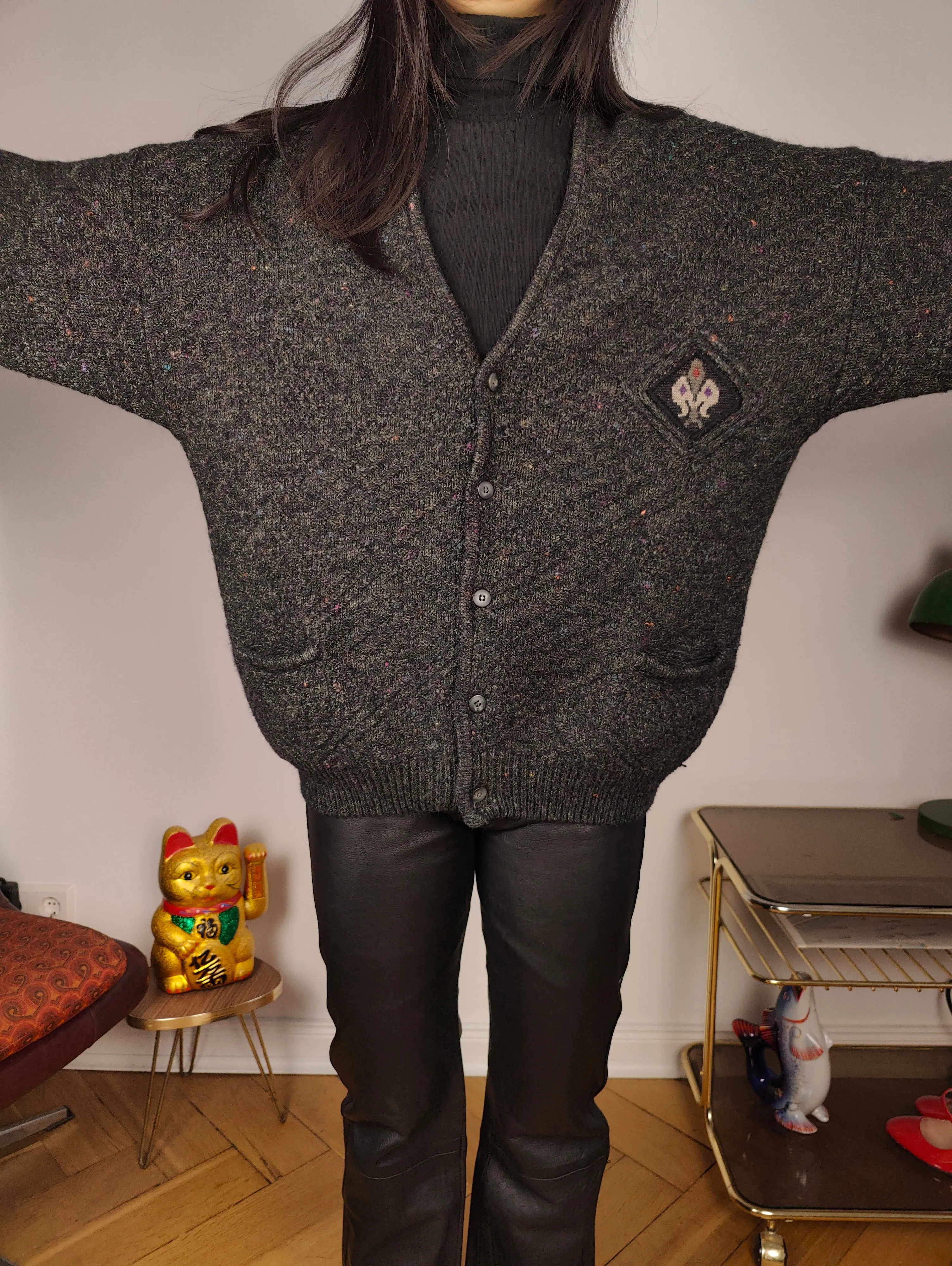 Vintage alpaca wool cardigan M L | grey thick knit knitted sweater jacket women