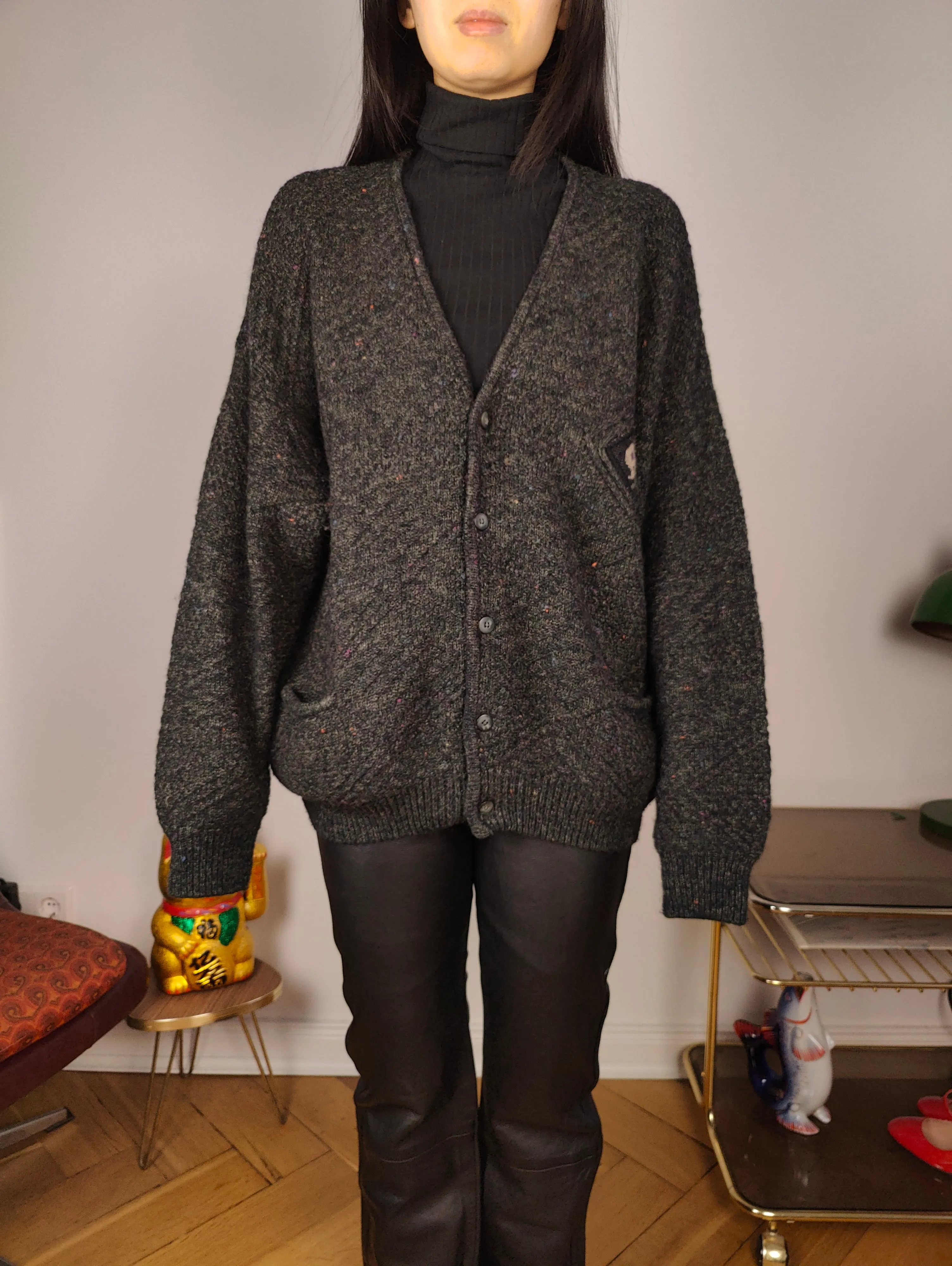 Vintage alpaca wool cardigan M L | grey thick knit knitted sweater jacket women