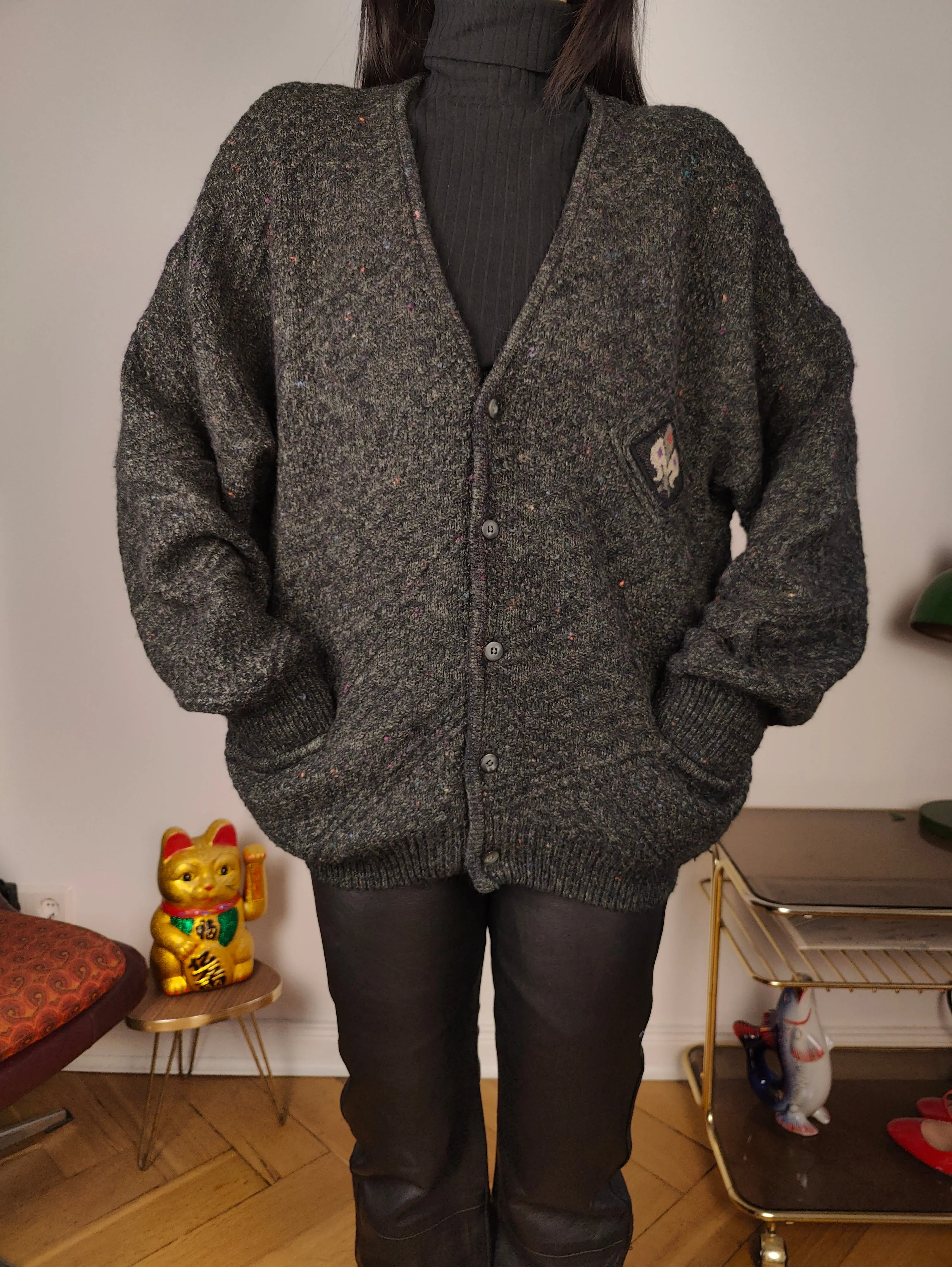 Vintage alpaca wool cardigan M L | grey thick knit knitted sweater jacket women