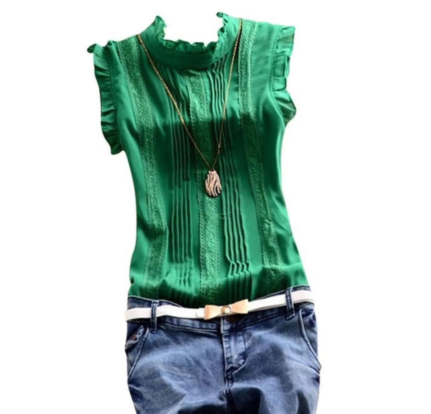 Vogue Women's Ruffle Sleeve, Crew Neck Slim Fitted Blouse