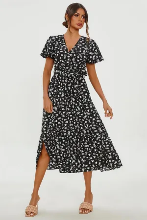White Floral Print Hem Tiered Wrap Midi Dress In Black
