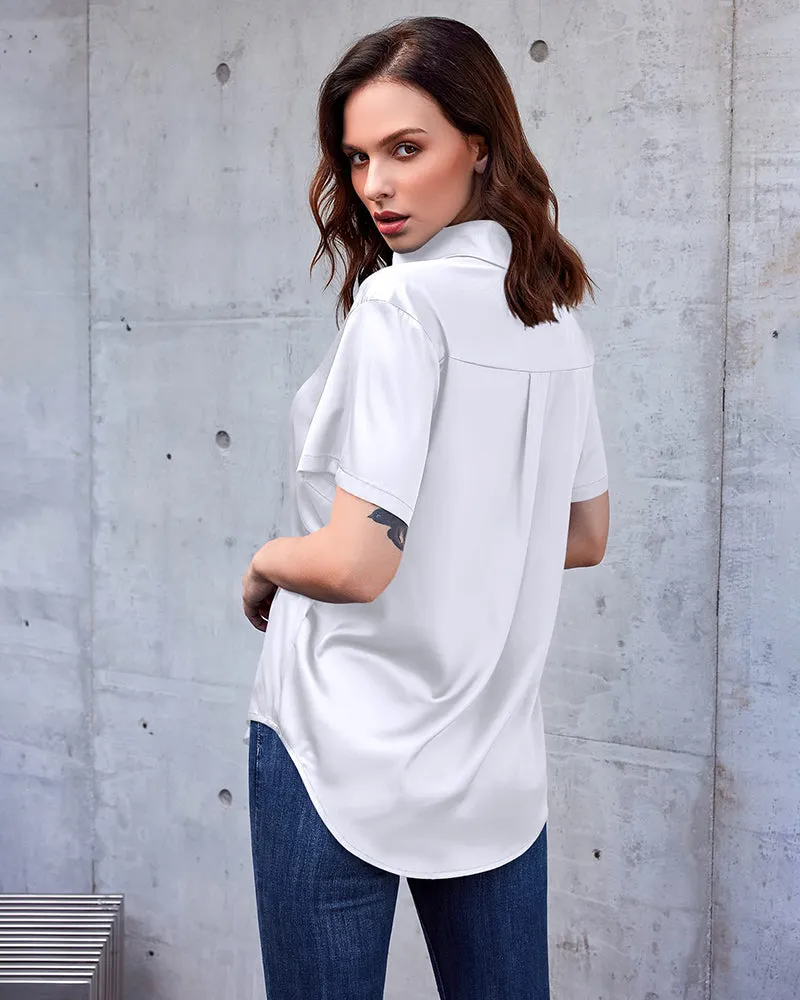 Zeagoo Women Satin Shirt V-Neck Short Sleeve Button Down Shirt Casual Loose Office Silk Tops  (Us Only)